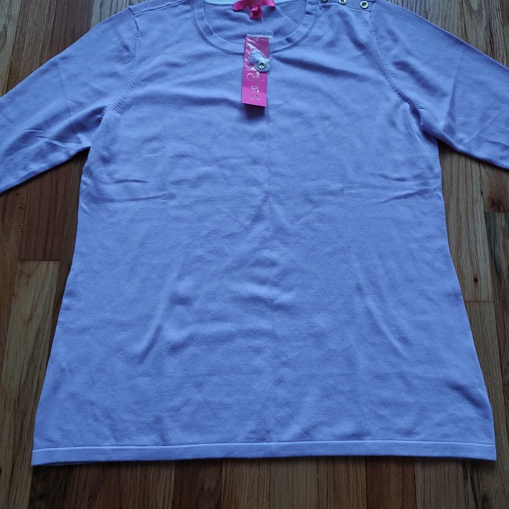 Lilly Pulitzer Callee Sweater Lilac Fressia Purple Pullover Gold White Buttons L - Picture 6 of 16